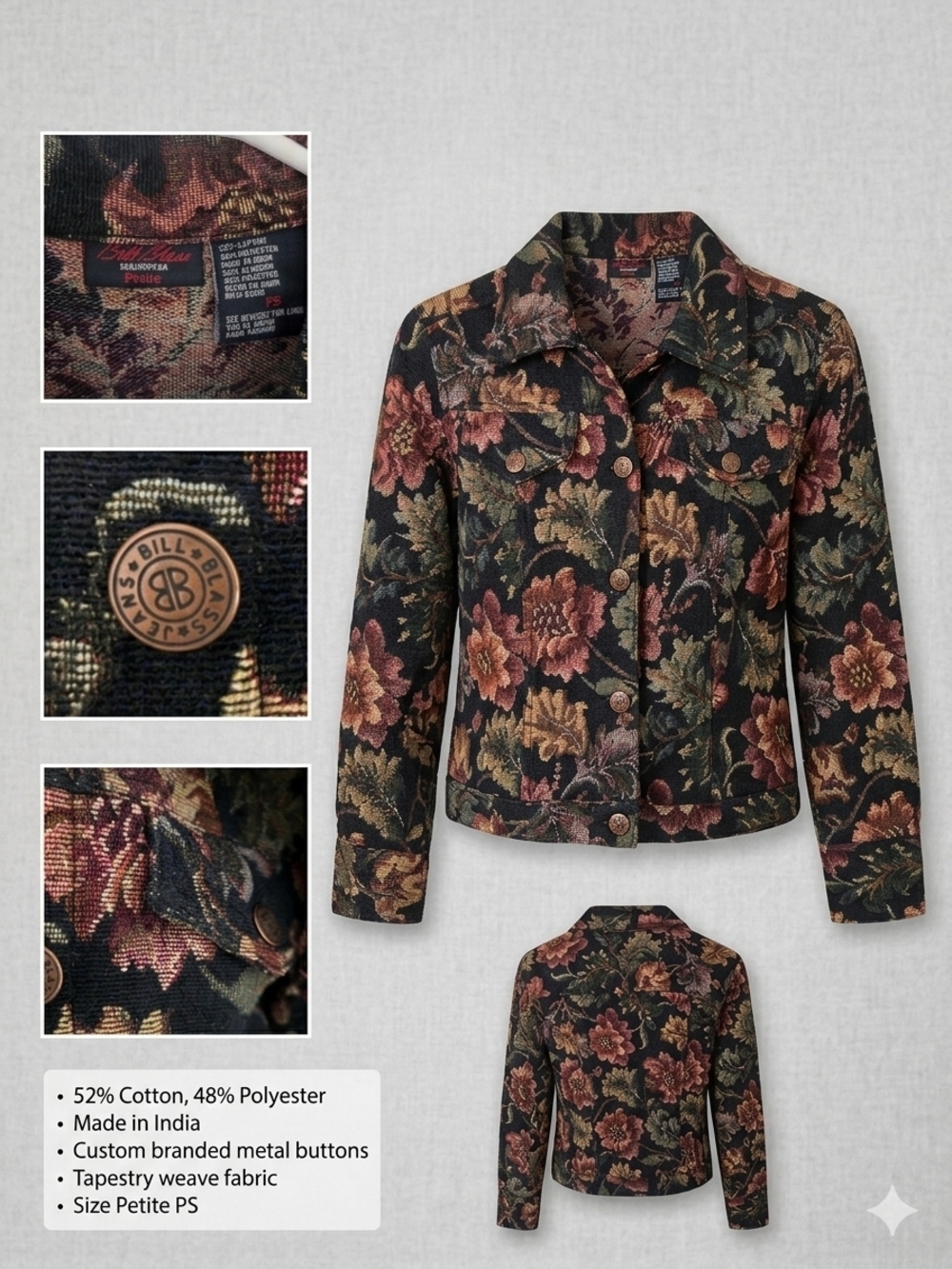 bill blass Black Multi Floral Tapestry Jean Jacket